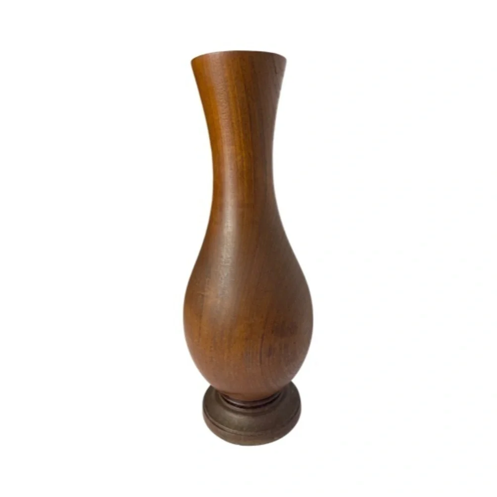 Vintage MCM Hand Turned 13” Tall Solid Wood Flower Vase